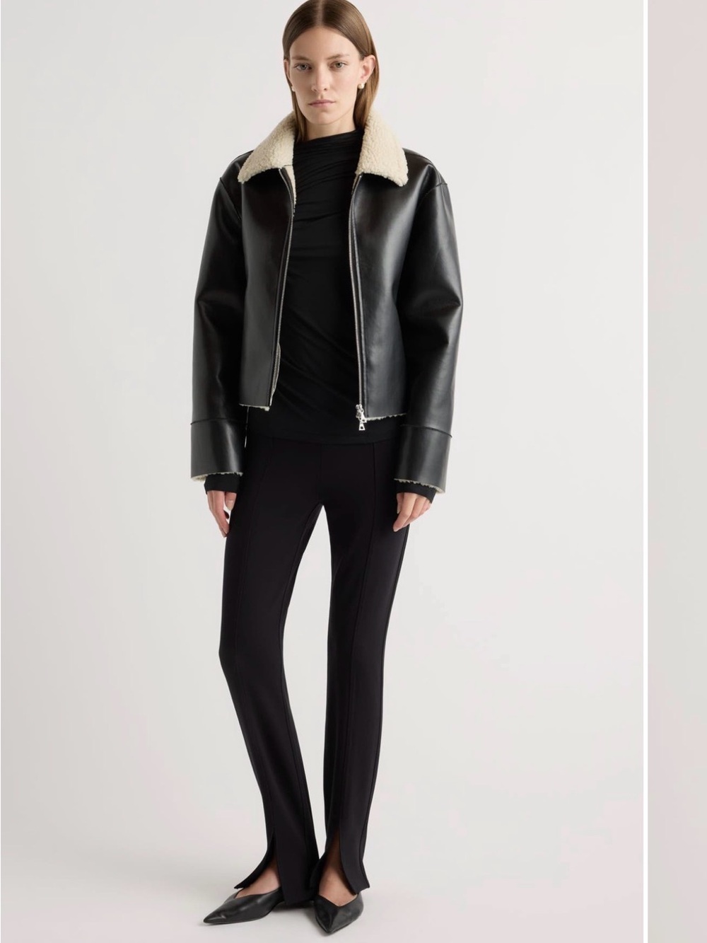 Modern Citizen Bonnie Black Faux Leather Jacket with Cream Shearling Collar CB